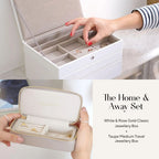 The Home & Away Set: White & Rose Gold Classic Jewellery Box & Taupe Medium Travel Jewellery Box