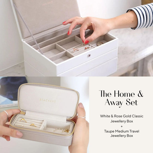 The Home & Away Set: White & Rose Gold Classic Jewellery Box & Taupe Medium Travel Jewellery Box - Jewellery Box - Stackers Australia Australia