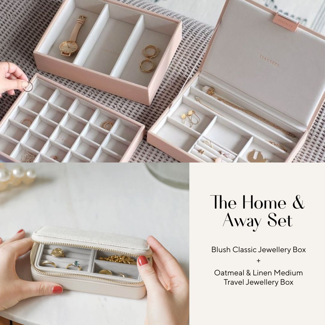 The Home & Away Set: Blush Classic Jewellery Box & Oatmeal & Linen Medium Travel Jewellery Box