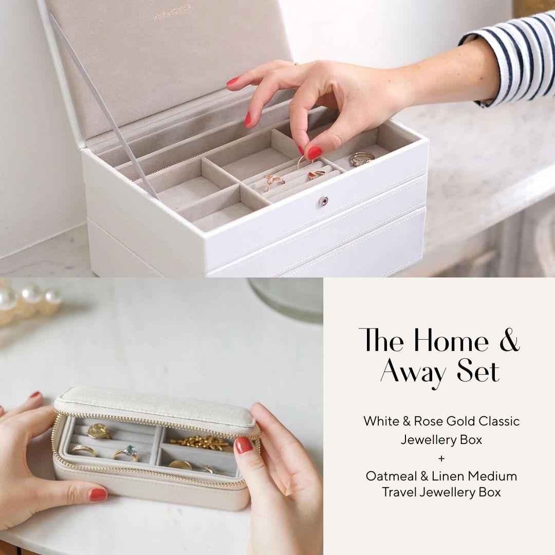 The Home & Away Set: White & Rose Gold Classic Jewellery Box & Oatmeal & Linen Medium Travel Jewellery Box