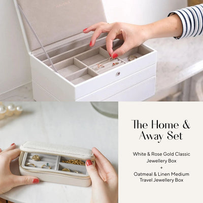 The Home & Away Set: White & Rose Gold Classic Jewellery Box & Oatmeal & Linen Medium Travel Jewellery Box