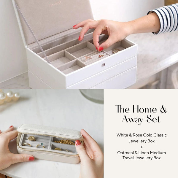 The Home & Away Set: White & Rose Gold Classic Jewellery Box & Oatmeal & Linen Medium Travel Jewellery Box - Jewellery Box - Stackers Australia Australia