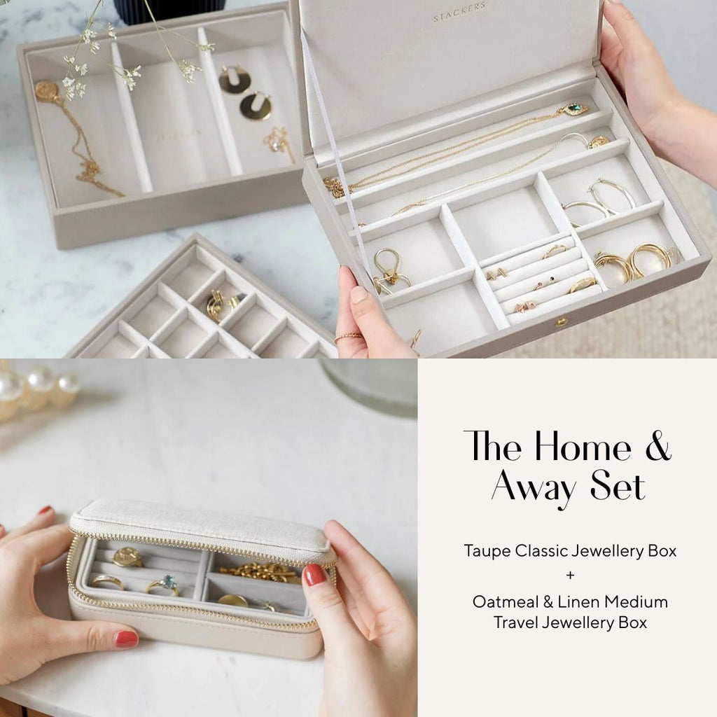 The Home & Away Set: Taupe Classic Jewellery Box & Oatmeal & Linen Medium Travel Jewellery Box