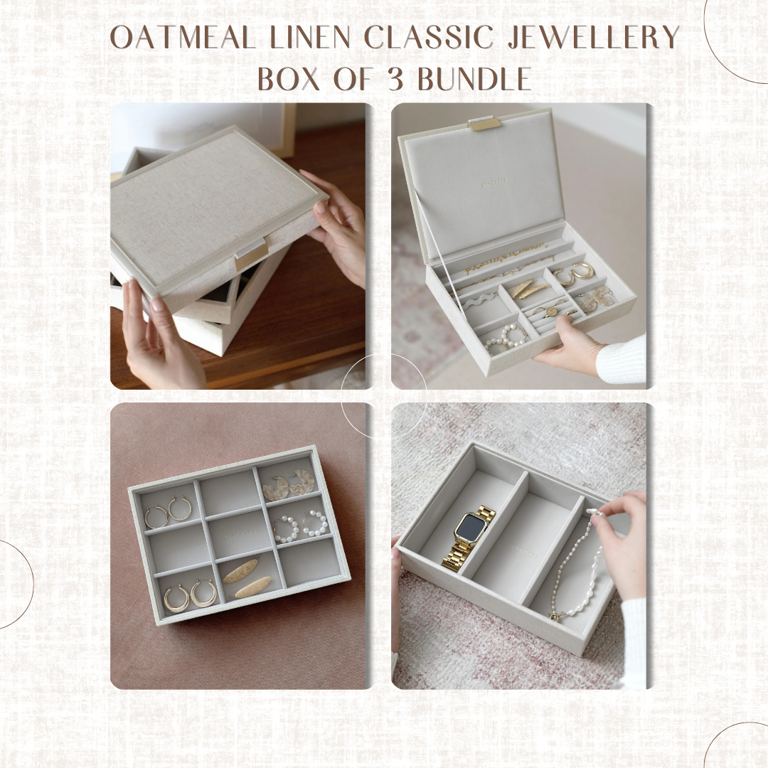 Oatmeal Linen Classic Jewellery Box of 3 bundle